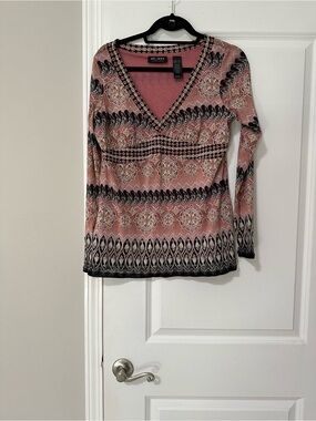 Pink Patterned V-Neck Long Sleeve Topl